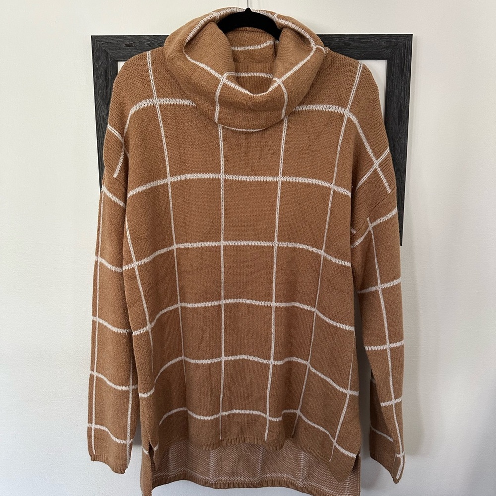 Ecowish Mustard Brown Windowpane Funnel Turtleneck | Size M